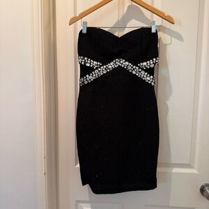 Windsor Black Strapless mini Dress with Diamond Silver Accents and cutout detail